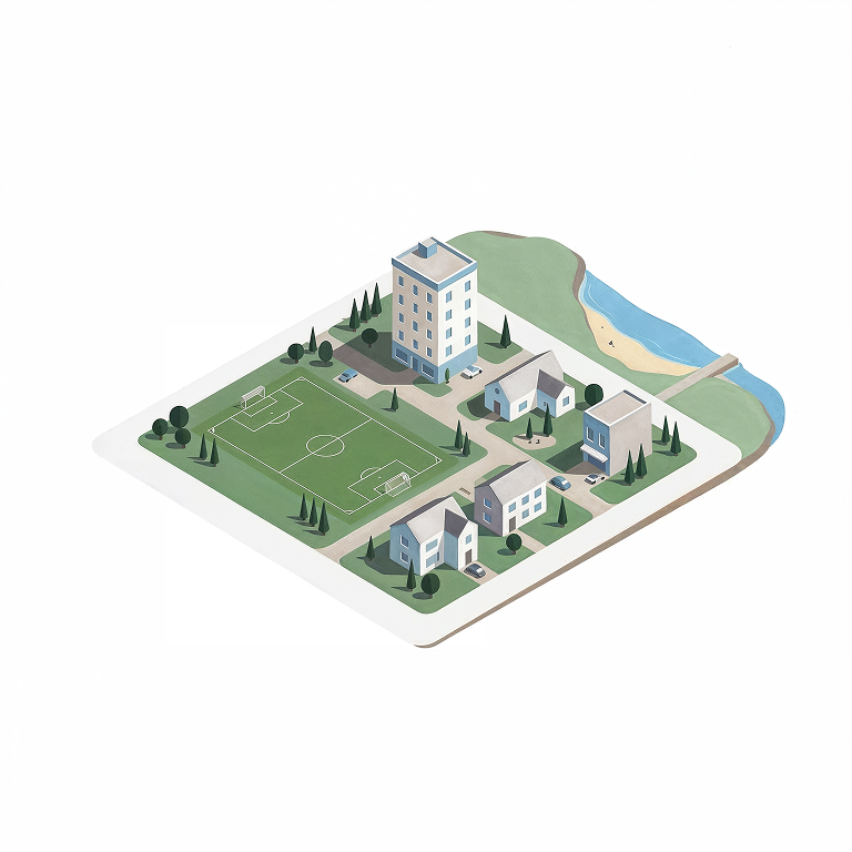 Illustration of a neighborhood: apartment building, houses, football field, and coastline