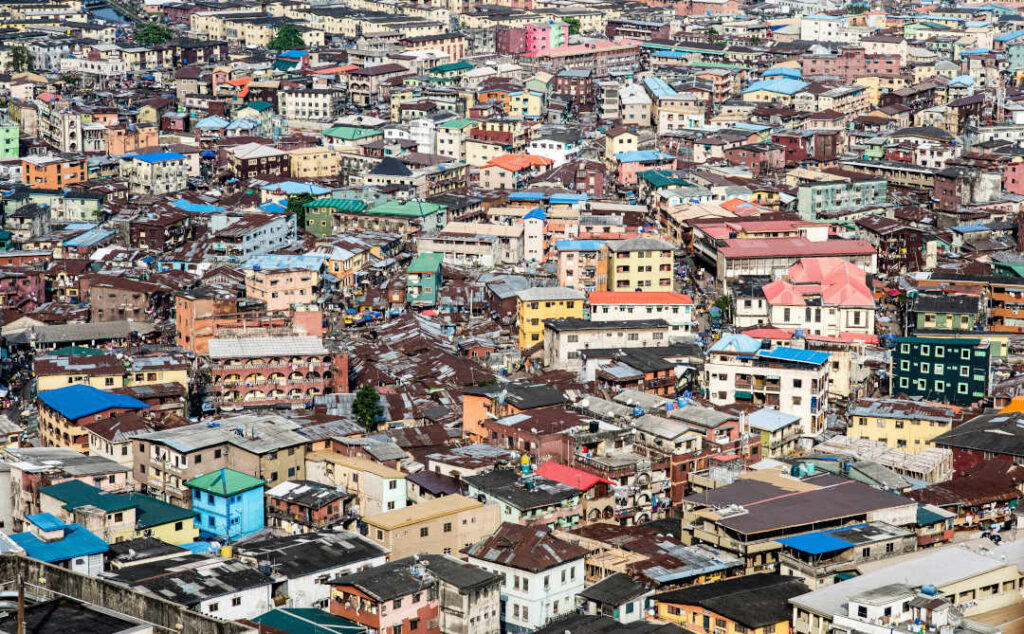 High angle view of Lagos island, city panorama, Lagos Nigeria