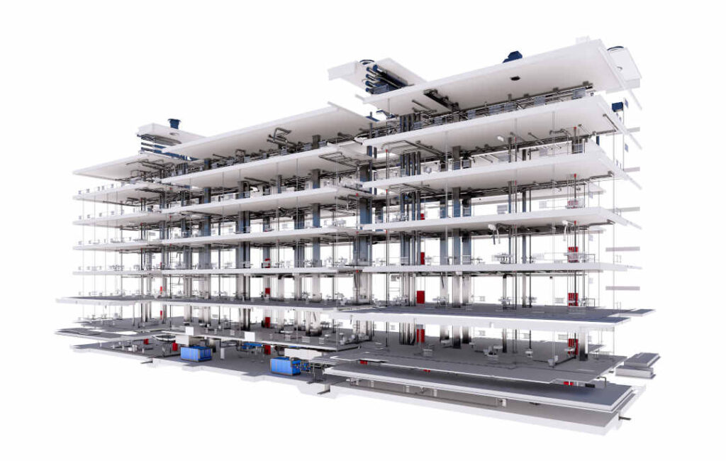 Visualisation conceptuelle du modèle BIM supportant la charpente et les systèmes CVC du bâtiment